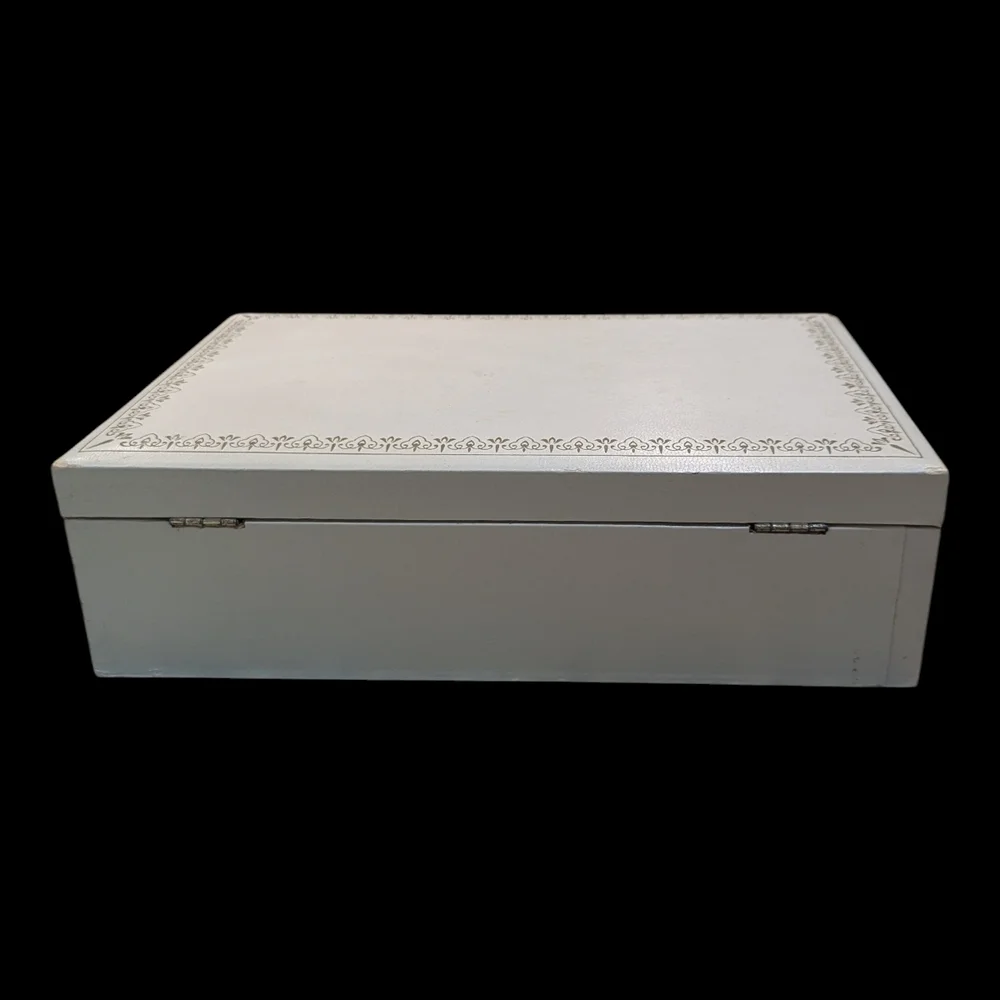 60s Mele & Co. Large Cream W Blue Interior, 3 Tiered, Pop Out Drawer Jewelry Box